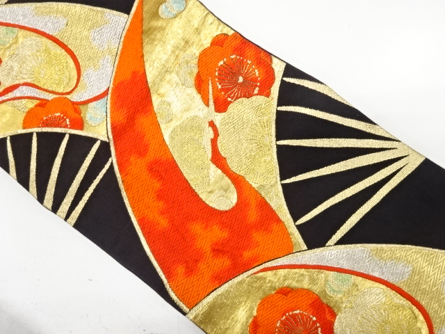 JAPANESE KIMONO / ANTIQUE FUKURO OBI / SILK / WOVEN CRANE & UME